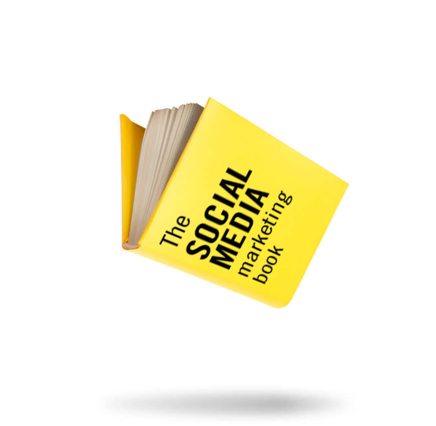 Gul bog med titlen The Social Media Marketing Book svæver over hvid baggrund