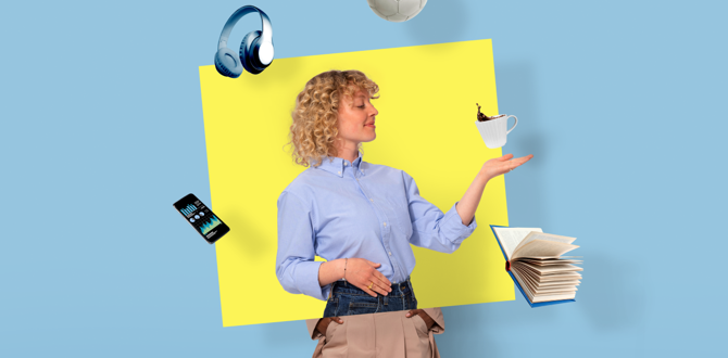 Ung kvinde omgivet af flyvende studieobjekter: hovedtelefoner, kaffekop, telefon og bøger
